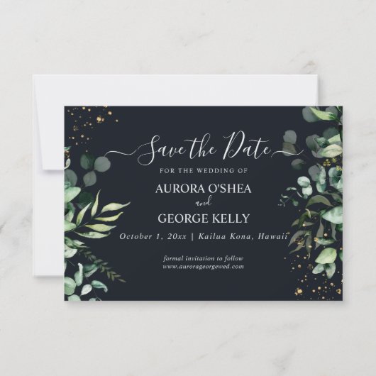 PixDezines Rustic Eucalyptus Navy n Goud Save The Date (Achterkant)