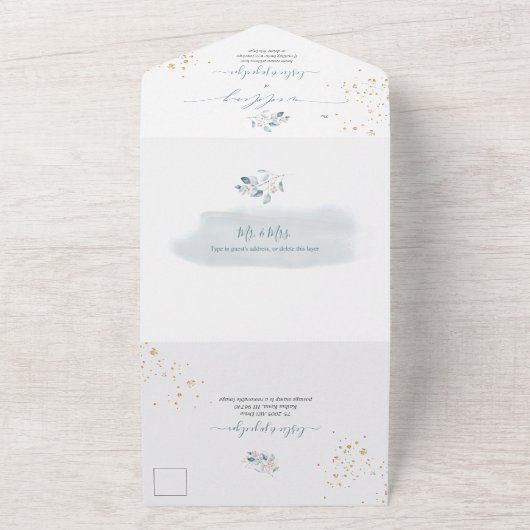 PixDezines Rustic Waterverf Blue Gum Eucalyptus All In One Uitnodiging (Buitenkant)