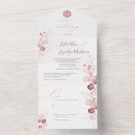 PixDezines Rustic Waterverf Dusty Roos Eucalyptus All In One Uitnodiging (Binnen)