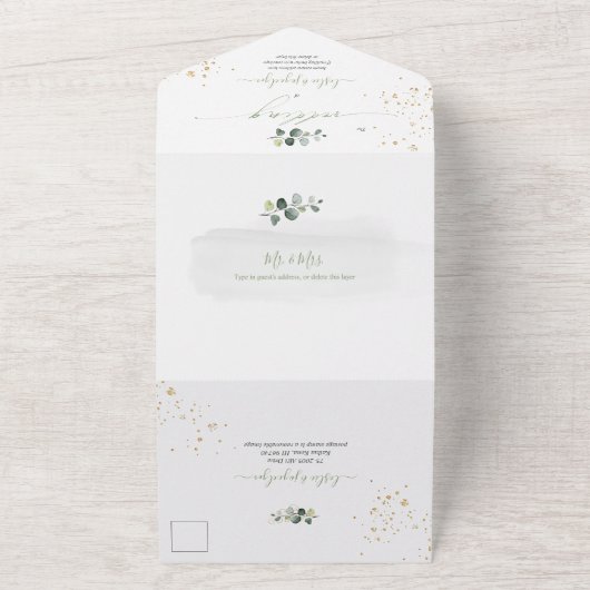 PixDezines Rustic Waterverf Green Gold Eucalyptus All In One Uitnodiging (Buitenkant)