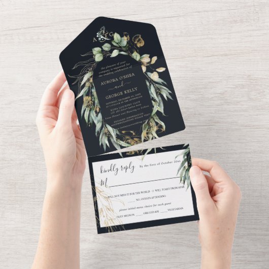 PixDezines Rustieke Willow Eucalyptus Marine in Go All In One Uitnodiging (Afscheurbaar)