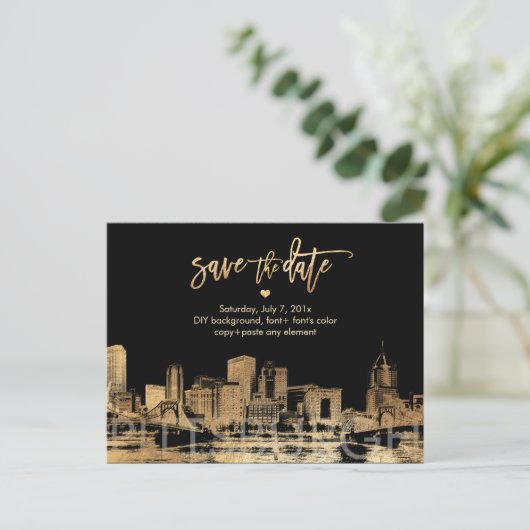 PixDezines/Save Date/Faux Gold/Pittsburgh Skyline Aankondigingskaart (Staand voorkant)