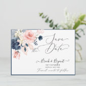 PixDezines Save Date H2 Dusty Blue Blush Rozen Kaart (Staand voorkant)