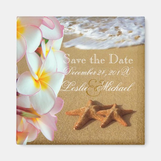 PixDezines Save Datum, strand + plumeria + zeester Magneet (Voorkant)