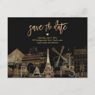 PixDezines/Save the Date Paris Skyline/Faux Gold Aankondigingskaart