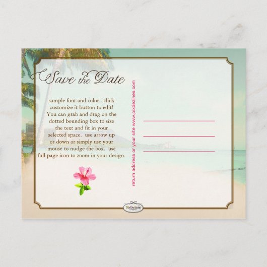 PixDezines/save the date/ tropisch strand Aankondigingskaart (Achterkant)