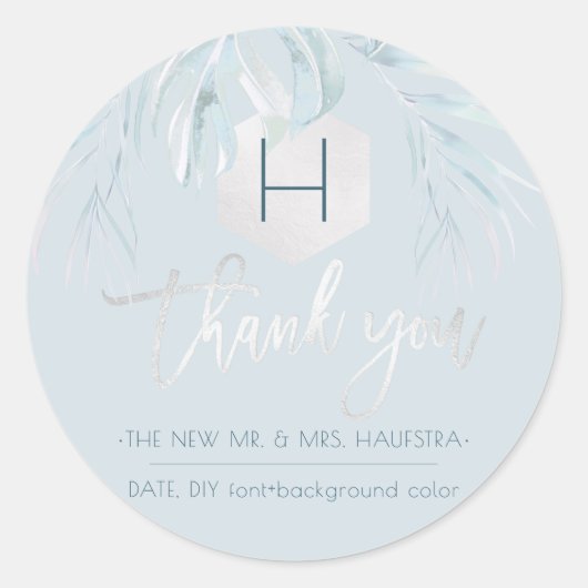 PixDezines Silver Palms Monogram, Dank u Ronde Sticker (Voorkant)