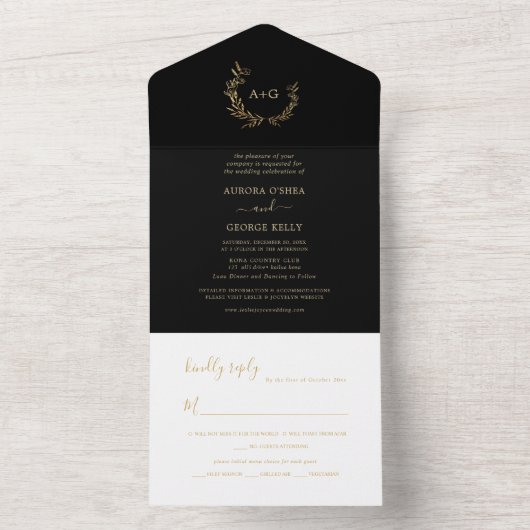 PixDezines Simple Black Faux Gold Wreater All In One Uitnodiging (Binnen)