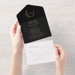PixDezines Simple Black Faux Gold Wreater All In One Uitnodiging