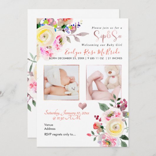 PixDezines SIP+SEE, PASTEL WATERVERF ROZEN Aankondiging (Voorkant / Achterkant)