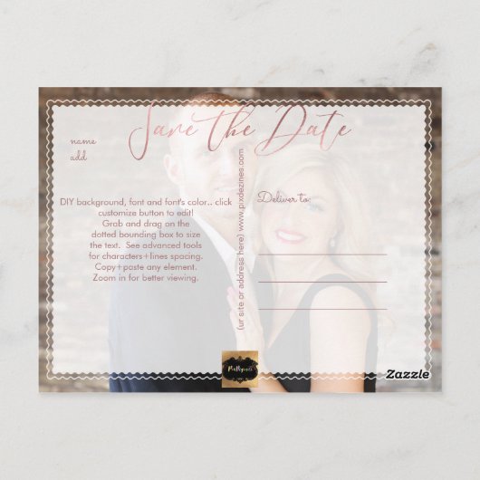 PixDezines Sla de datum/Roos Gold/Cool Script op Briefkaart (Achterkant)
