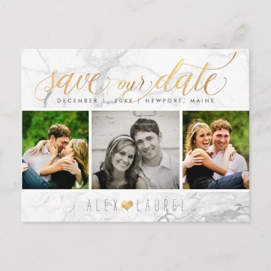 PixDezines Sla onze datum op/chic Faux Gold+Marble Briefkaart (Voorkant)