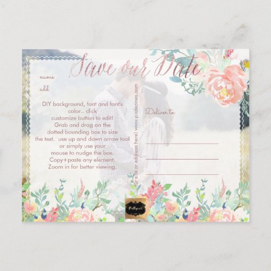 PixDezines Spring Floral Save the Date/Roos Gold Aankondigingskaart (Achterkant)