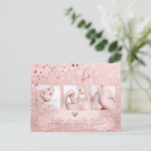 PixDezines Star is geboren, Roos Gold Snow Bokeh Aankondigingskaart (Staand voorkant)