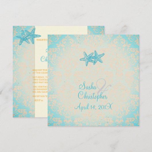 PixDezines Starfish + damask Invitations (Devant / Derrière)