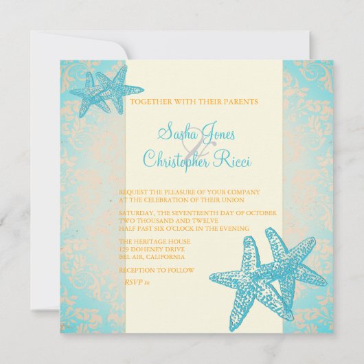 PixDezines Starfish + damask Invitations (Dos)