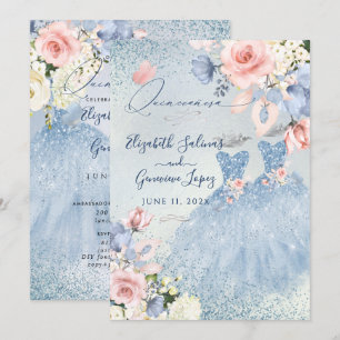 PixDezines Stoffige Blauwe Rozen Twins Quinceanera Kaart