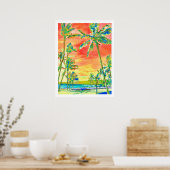PixDezines Sunset Hawaiian Beach/Coral/Blue Poster (Keuken)