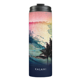 PixDezines Surft Up Hawaiian Beach / Roze / Groen Thermosbeker