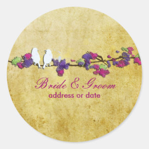 PixDezines  Tortelduifjes / Paarse bloesems Ronde Sticker