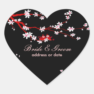 PixDezines Tortelduifjes/rode kers/sakura bloesems Hart Sticker
