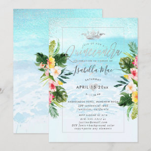 PixDezines Tropical Flowers+Beach Quinceanera Kaart