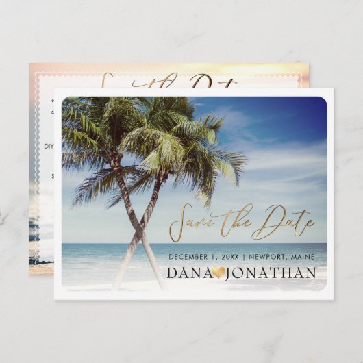PixDezines Twin Palms+Beach Bewaar de datum Briefkaart (Voorkant / Achterkant)