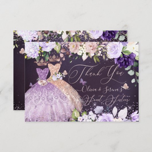 PixDezines Twins Sweet 16 Roos Gold Lila Kaart (Voorkant / Achterkant)