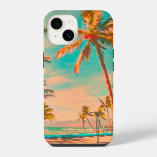 PixDezines Vintage Hawaiian Beach Scene/teal iPhone 14 Hoesje