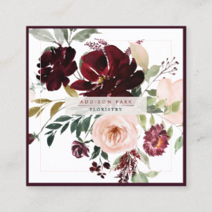 PixDezines Watercolor Bloemen, Burgundy+Blush Vierkante Visitekaartje