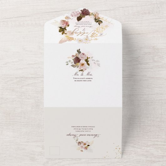 PixDezines Waterverf Autumn Burgundy Blush Flower All In One Uitnodiging (Buitenkant)