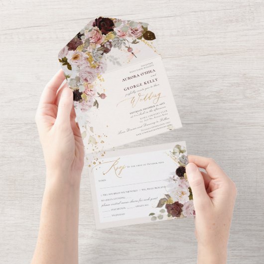 PixDezines Waterverf Autumn Burgundy Blush Flower All In One Uitnodiging (Afscheurbaar)