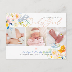 PixDezines Waterverf bloemen, Meisje Geboorte Briefkaart