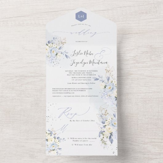 PixDezines Waterverf Blue Hyde Cream-Rozen All In One Uitnodiging (Binnen)