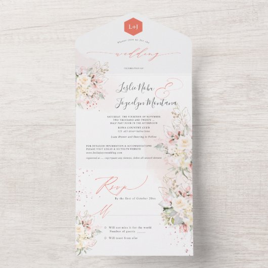 PixDezines Waterverf Blush Cream Rozen All In One Uitnodiging (Binnen)