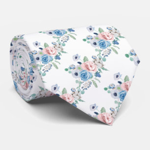 PixDezines Waterverf Dusty Blue Roos Peonies Neck Stropdas