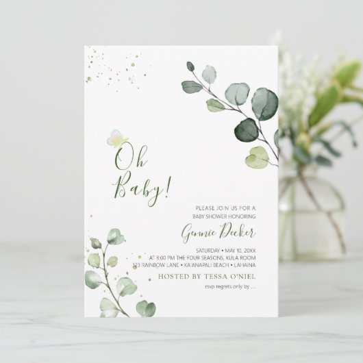 PixDezines Waterverf Eucalyptus Baby shower Kaart (Staand voorkant)