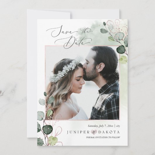 PixDezines Waterverf Eucalyptus Foto Opslagdatum Kaart (Voorkant)