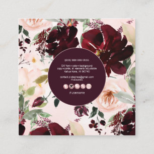 PixDezines Waterverf Flowers, Burgundy+Blush Vierkante Visitekaartje