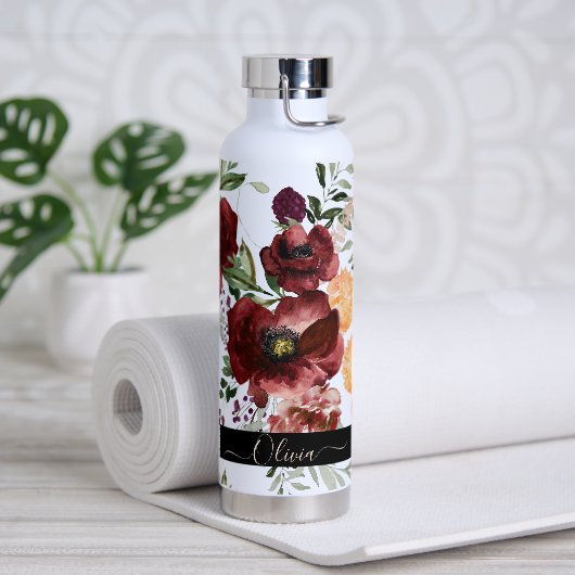 PixDezines Waterverf Flowers Marsala Red Roses Waterfles (Yoga)
