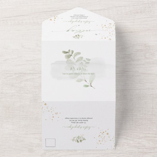 PixDezines Waterverf Green Gold Foliage All In One Uitnodiging (Buitenkant)