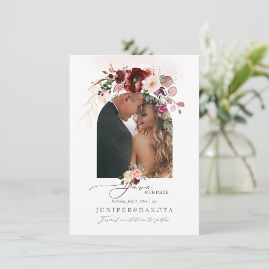 PixDezines Waterverf Marsala Red Autumn Love Save The Date (Staand voorkant)