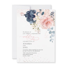 PixDezines Waterverf Navy Blush flower Invitatie