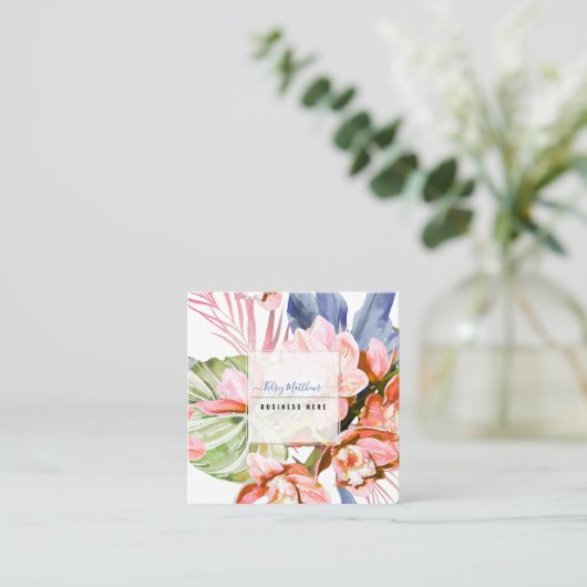 PixDezines Waterverf Peach Cymbidium Orchid Vierkante Visitekaartje (Staand voorkant)