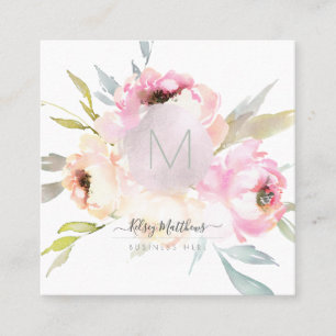 PixDezines Waterverf Peonies+Sage Vierkante Visitekaartje