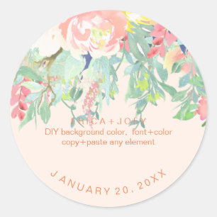 PixDezines Waterverf Pioenrozen Peach+Mint Ronde Sticker