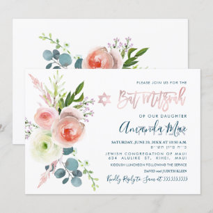 PixDezines Waterverf Roze Pioenrozen Bat Mitzvah Kaart