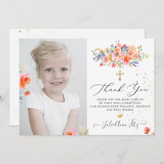 PixDezines Waterverf Rozen Communie Bedankt Kaart (Voorkant / Achterkant)