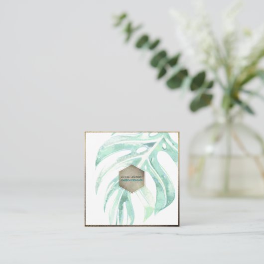 PixDezines WATERVERF SEAFOAM MONSTERA, GROEN Vierkante Visitekaartje (Staand voorkant)
