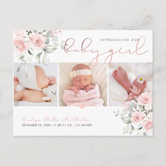 PixDezines Waterverf Stusty roze rozen, Girl Birth Briefkaart (Voorkant)